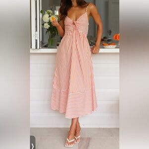 Toperth orange stipe striped tie front midi dress size L new